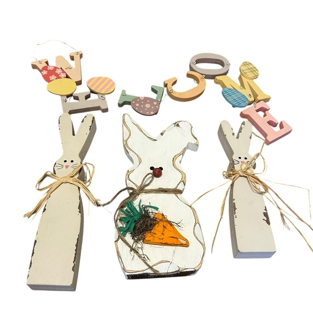 Vintage Wooden Easter Bunny Rabbits Collection Welcome Sign Pastel Decorations!